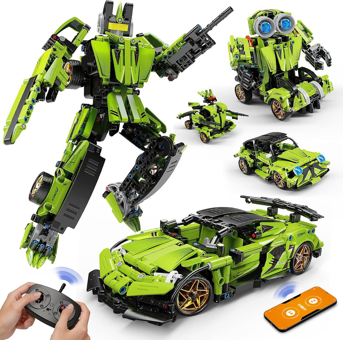 LECPOP Kit de bloques de construcción STEM 5 en 1, coche deportivo RC y