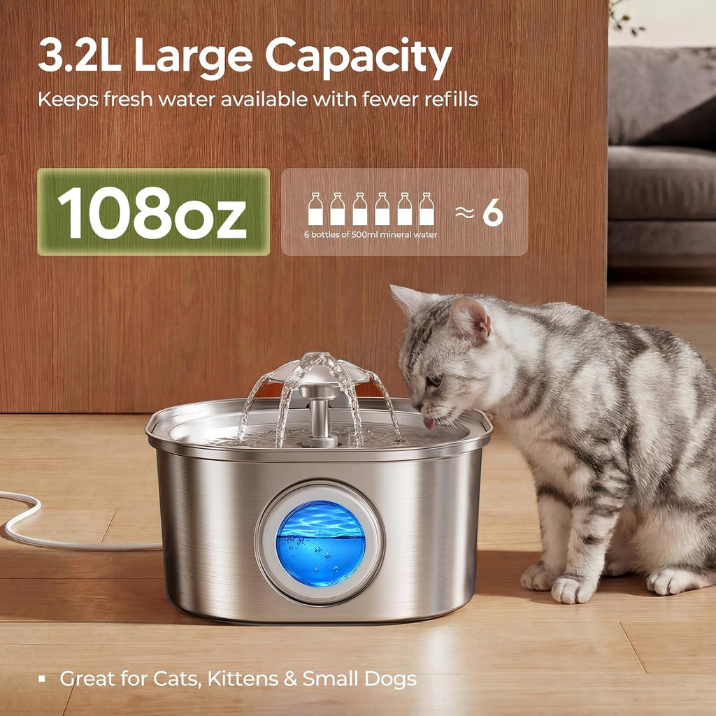PEKTACO Fuente de Agua para Gatos, 3.2L Acero Inoxidable para Mascotas, 1 Filtro