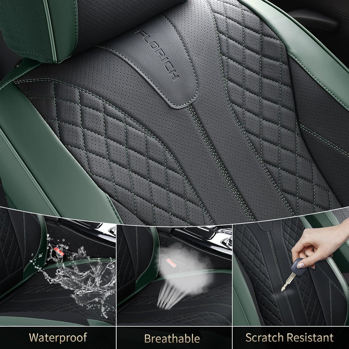 Juego completo de fundas de cuero para asientos delanteros y traseros de automóvil, impermeables, cobertura completa, protector de asiento de automóvil, ajuste universal para la mayoría de automóviles, SUV, camiones, negro y verde