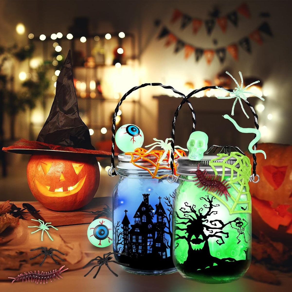 AuroTops Manualidades de Halloween para niños, paquete de 8 tarros de masón