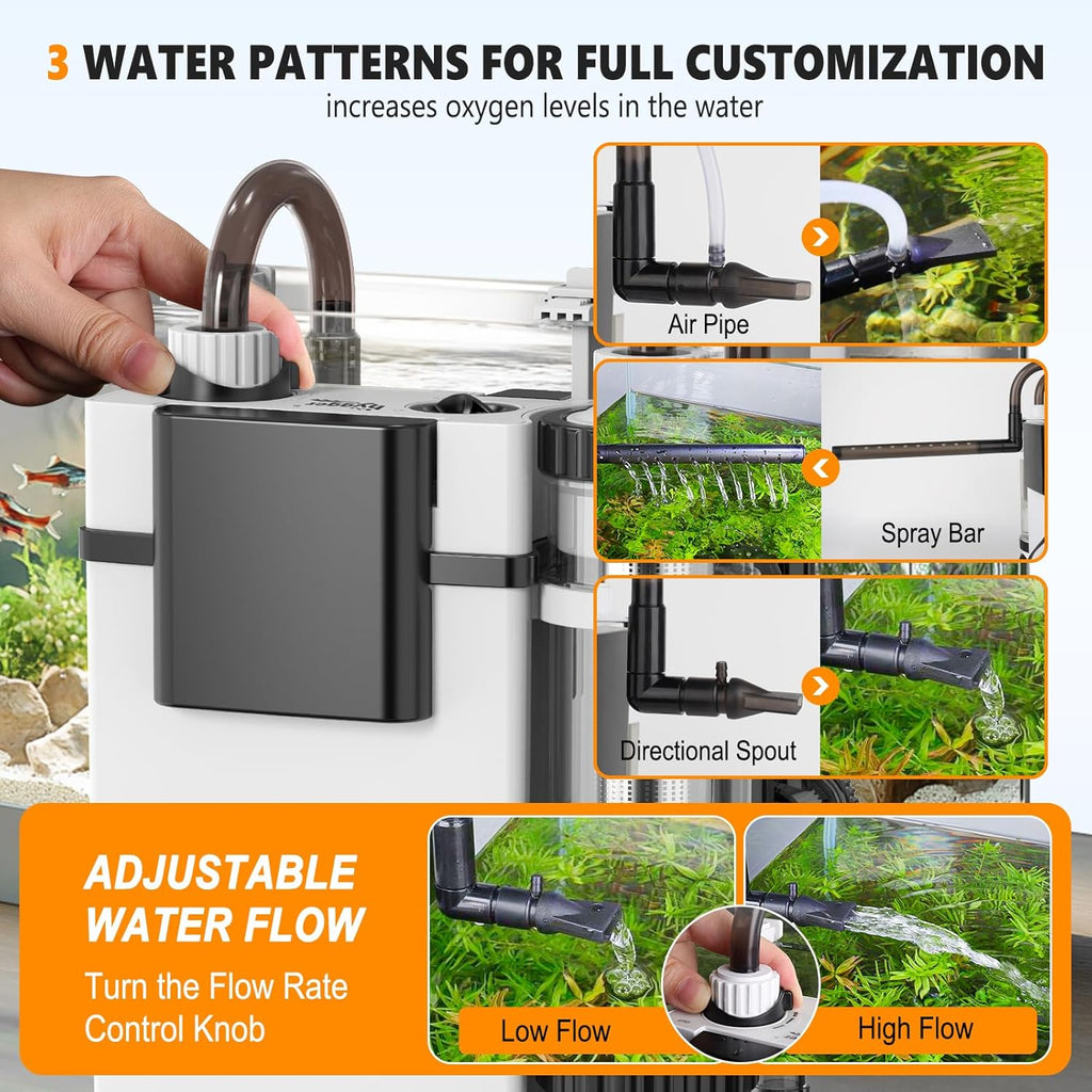 hygger Filtro de acuario silencioso para colgar en la parte posterior, filtro de tanque de peces pequeño de 5 a 30 galones con barra rociadora de superficie, 3 almohadillas de hilo dental, flujo ajustable, fácil cambio de agua 132 GPH
