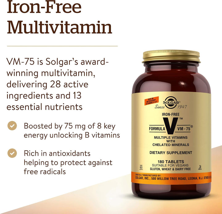 Solgar Fórmula sin hierro VM-75, 180 tabletas \u2013 Multivitamínic...