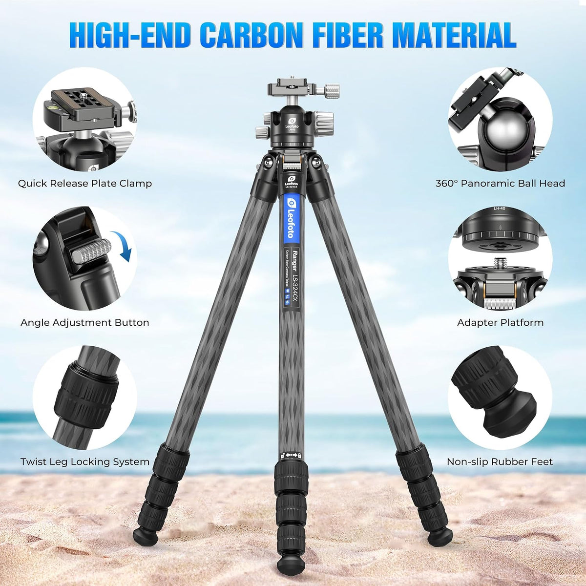 LEOFOTO Trípode de viaje de fibra de carbono de 71 pulgadas para cámara, trípode compacto y ligero con cabeza de bola panorámica de 360°, placa QR, columna central extraíble, carga de hasta 33 libras