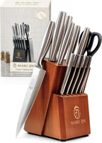 MARU JIN - Juego de cuchillos de cocina japoneses de 15 piezas con afilador integrado, juego de cuchillos de chef de acero inoxidable de alto carbono, apto para lavavajillas (madera)