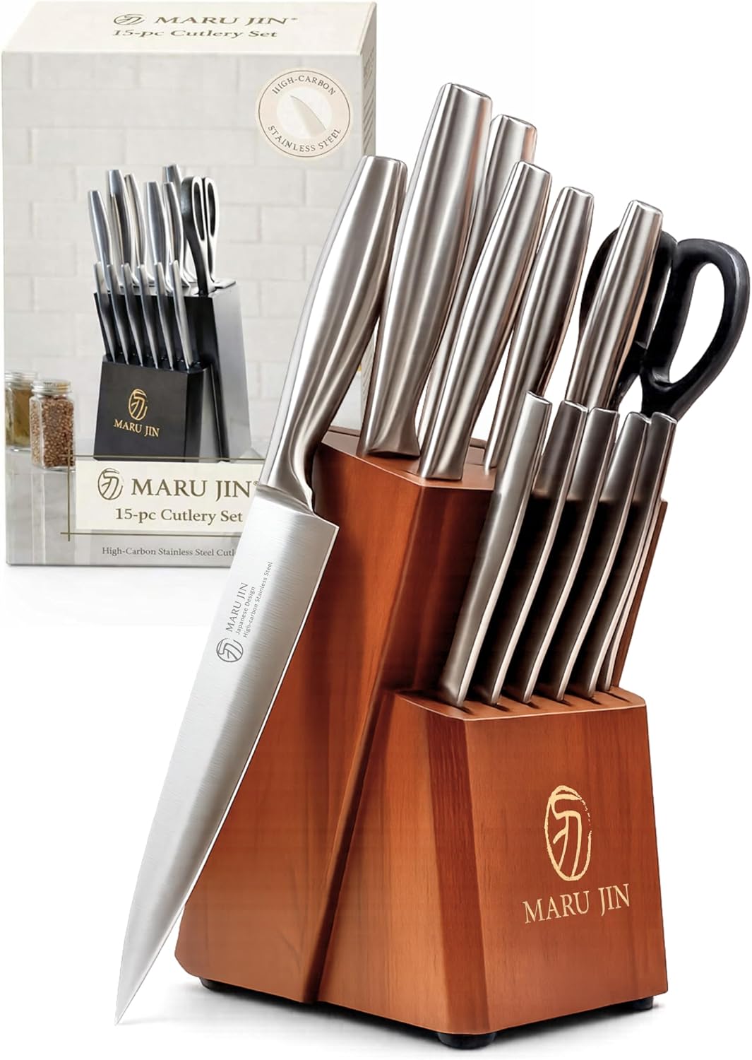 MARU JIN - Juego de cuchillos de cocina japoneses de 15 piezas con afilador integrado, juego de cuchillos de chef de acero inoxidable de alto carbono, apto para lavavajillas (madera)