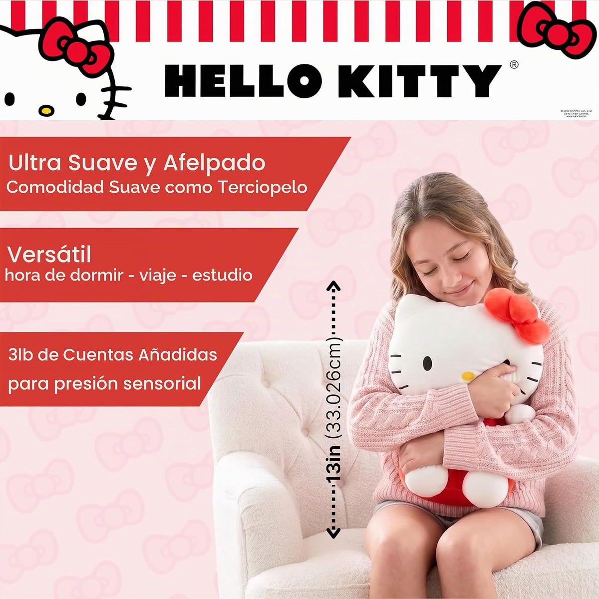 Franco Calm - Almohada ponderada de peluche Hello Kitty Bedding de 3 libras, suave y acogedora almohada Sanrio para mayor comodidad (producto oficial)