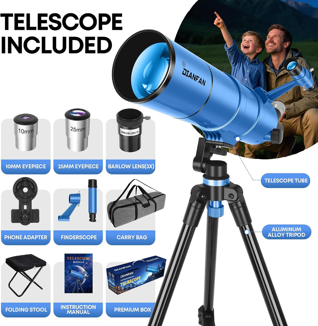 Telescopio para niños y adultos, 3.543 in de apertura, 21.654 in, telescopio astronómico profesional para adultos de alta potencia, telescopios de viaje portátiles para principiantes con trípode y adaptador, bolsa, taburete plegable