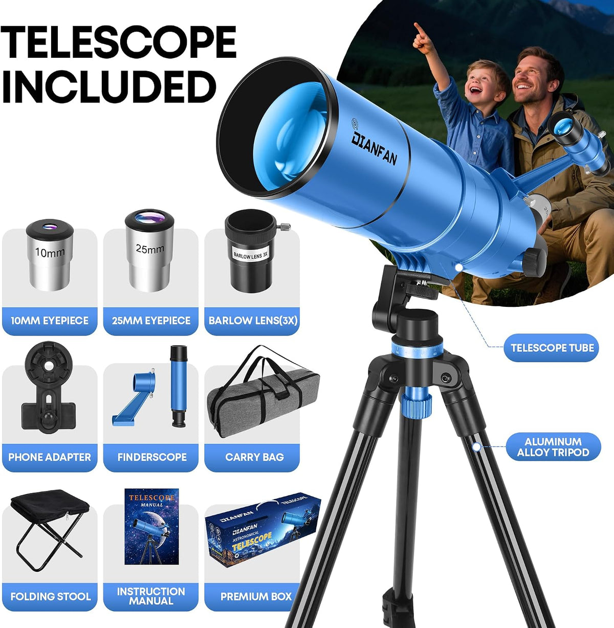 Telescopio para niños y adultos, 3.543 in de apertura, 21.654 in, telescopio astronómico profesional para adultos de alta potencia, telescopios de viaje portátiles para principiantes con trípode y adaptador, bolsa, taburete plegable