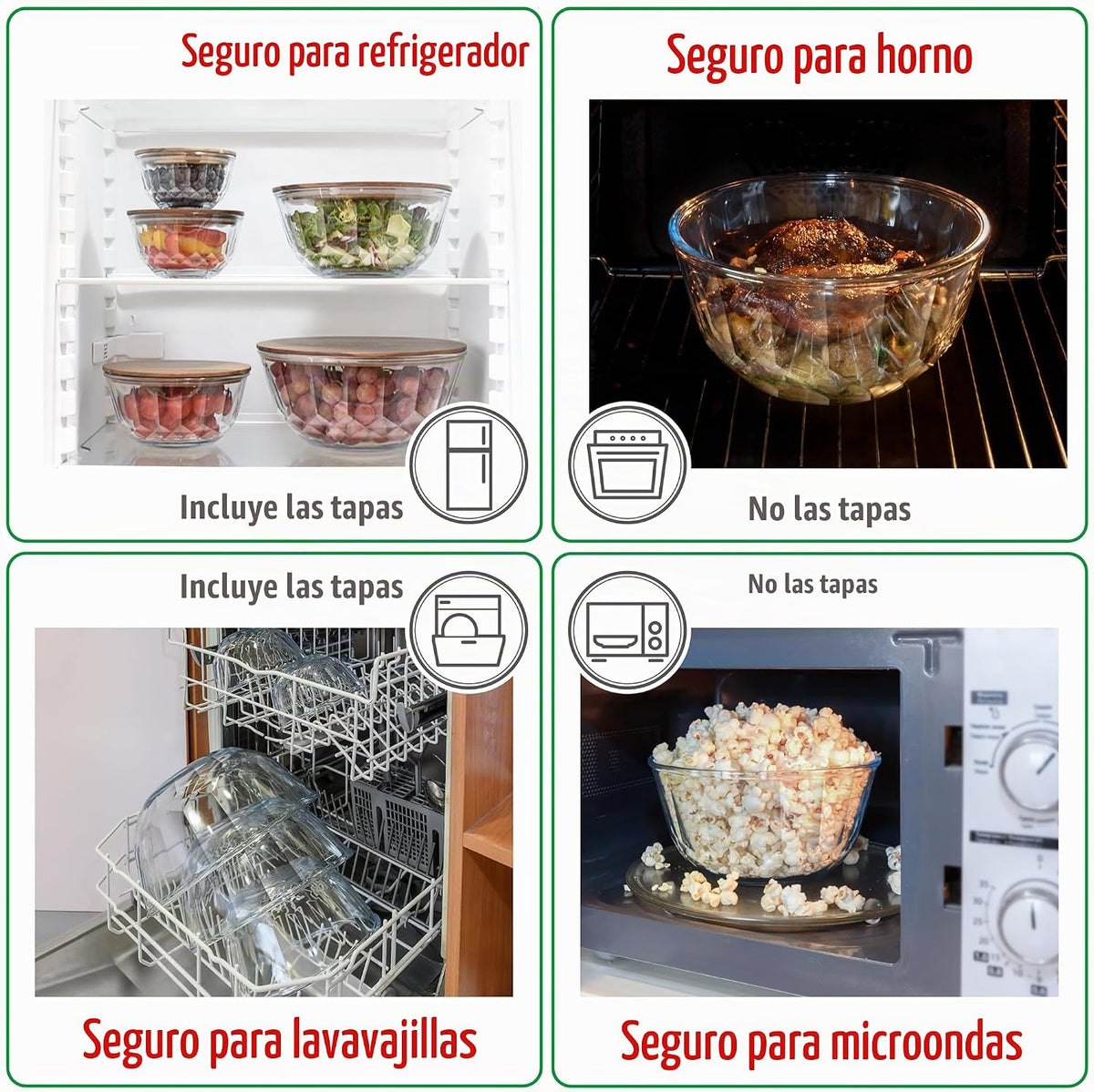 Juego de 5 cuencos de vidrio apilables grandes con tapas de