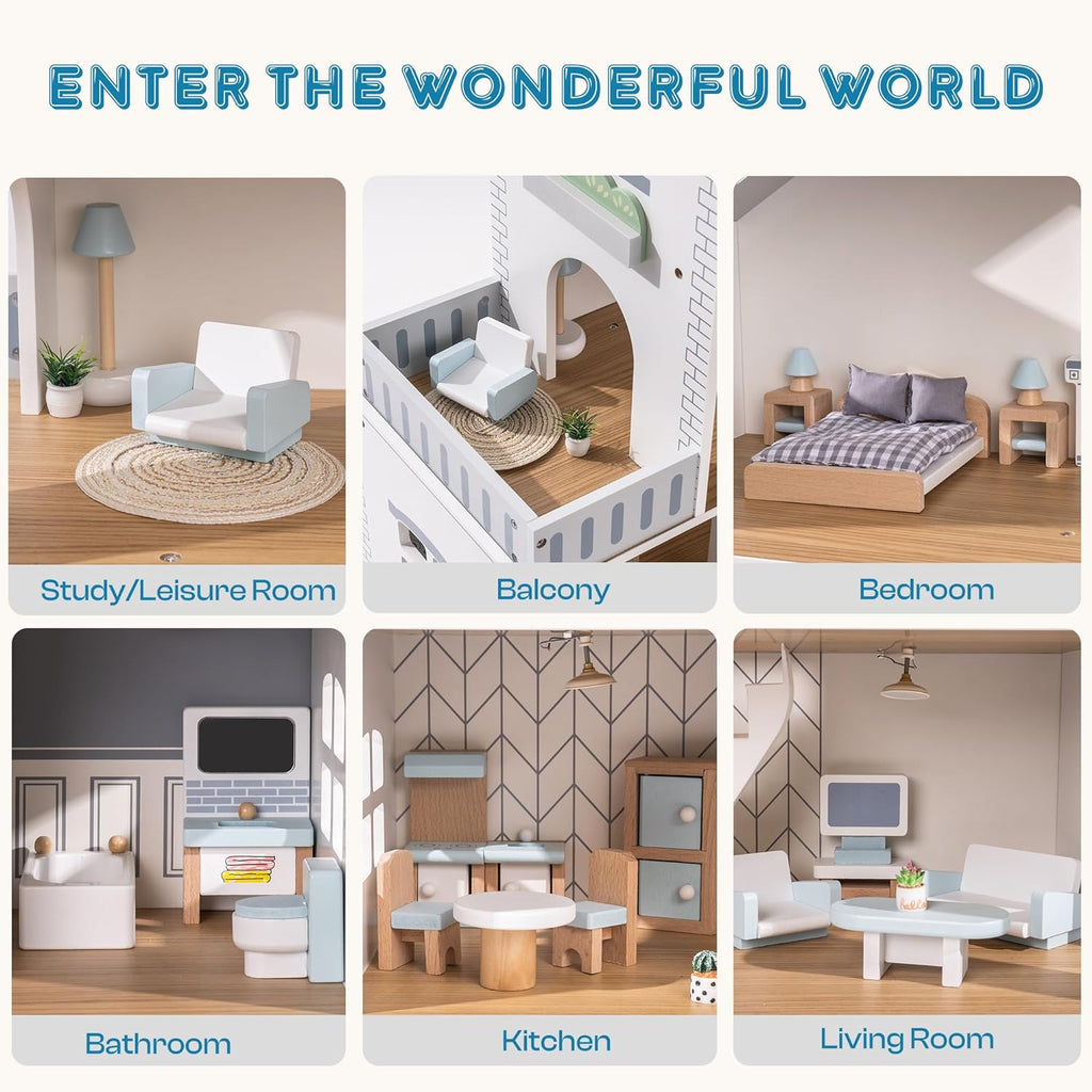 ROBUD Casa de Muñecas, Casa de Muñecas de Madera con 6 Habitaciones, 29 Piezas de Accesorios Realistas, Juego de Casa de Muñecas para Muñecas de 4-6 Pulgadas, Regalos para Niños y Pequeños, Estilo
