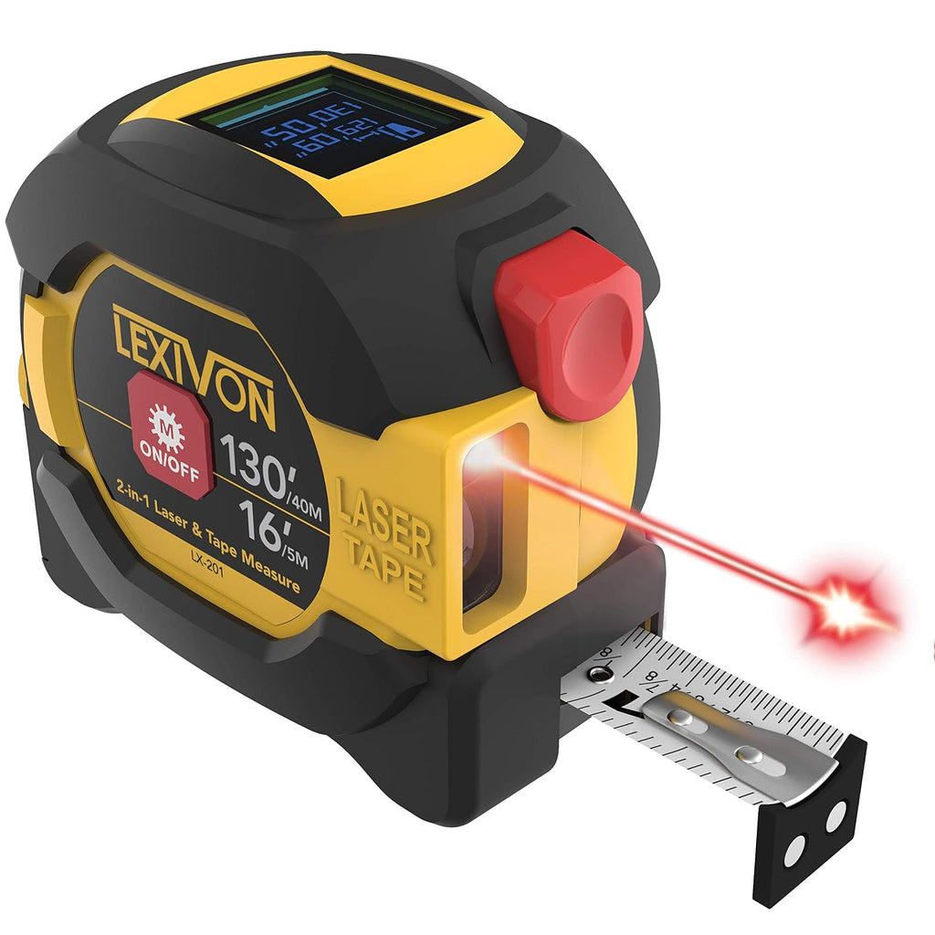 LEXIVON Cinta métrica láser digital 2 en 1 | Medidor de distancia láser de 40 m con pantalla LCD retroiluminada con cinta métrica AutoLock de 16 pies/5 m | Ft/pulgada/fracciones/M/mm (LX-201)