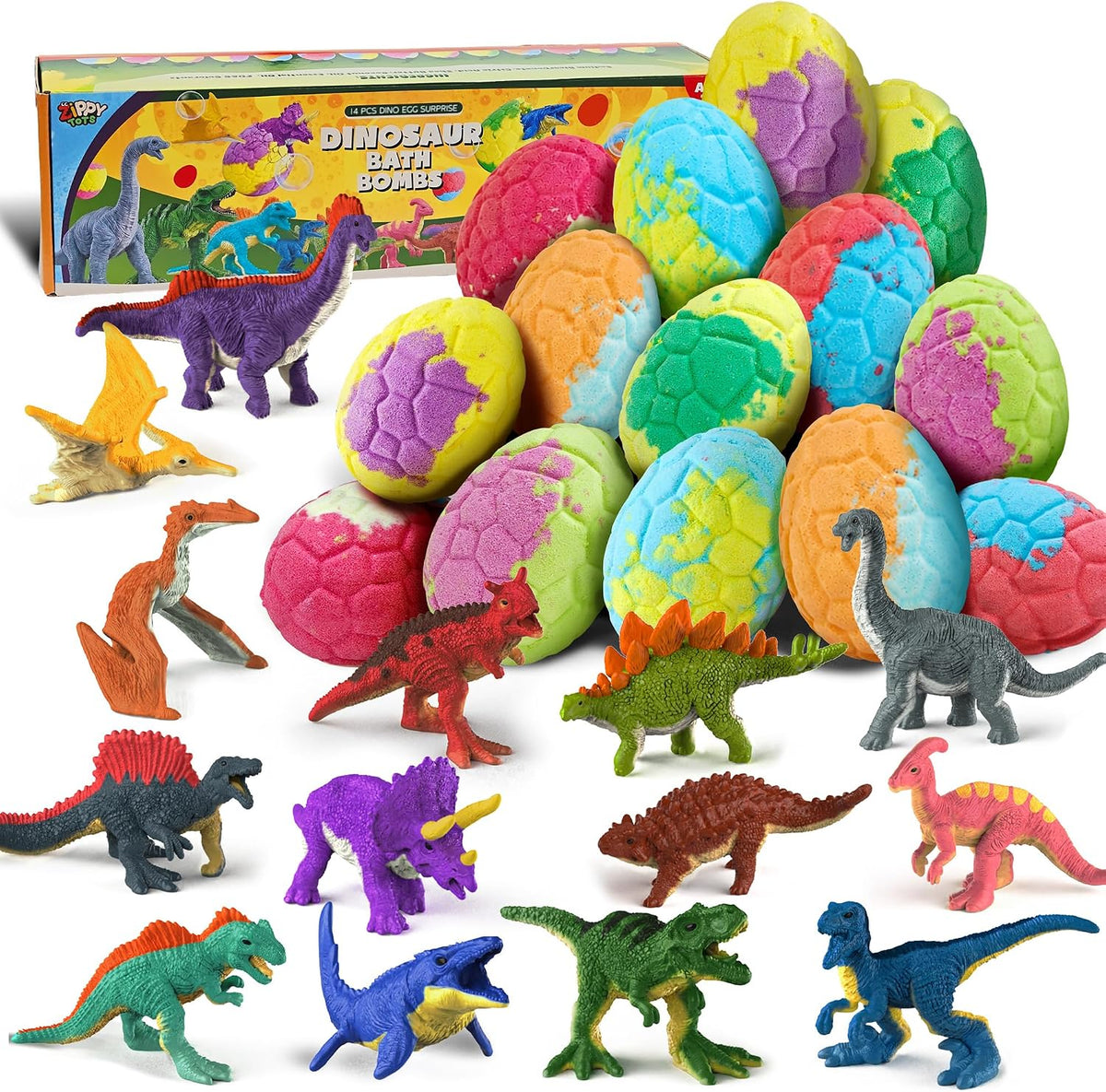 Juego de bombas de baño de huevos de dinosaurio, paquete de 14 chispas sorpresa con juguete oculto en el interior, bombas de baño para niños pequeños y niñas, regalo divertido no tóxico para