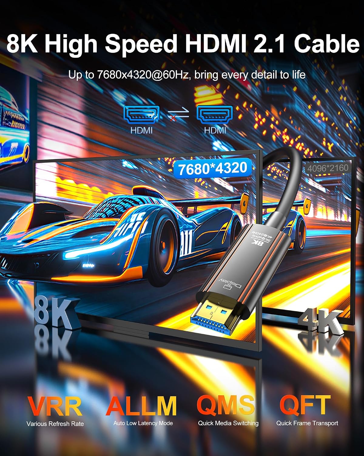Cable HDMI de fibra óptica de 50 pies, 8K largo HDMI 2.1 cable 48Gbps ultra alta velocidad compatible 8K @60Hz 4K @240Hz dinámico HDR/eARC/HDCP 2.2 y 2.3/3D compatible con PS5 PS4 Xbox HDTV