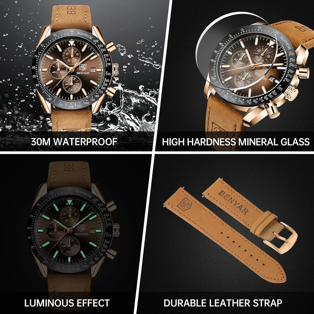 BENYAR Relojes para hombre, reloj de pulsera analógico con movimiento de cuarzo, correa de cuero/acero inoxidable/silicona, reloj de vestir casual para deportes de negocios, resistente al agua