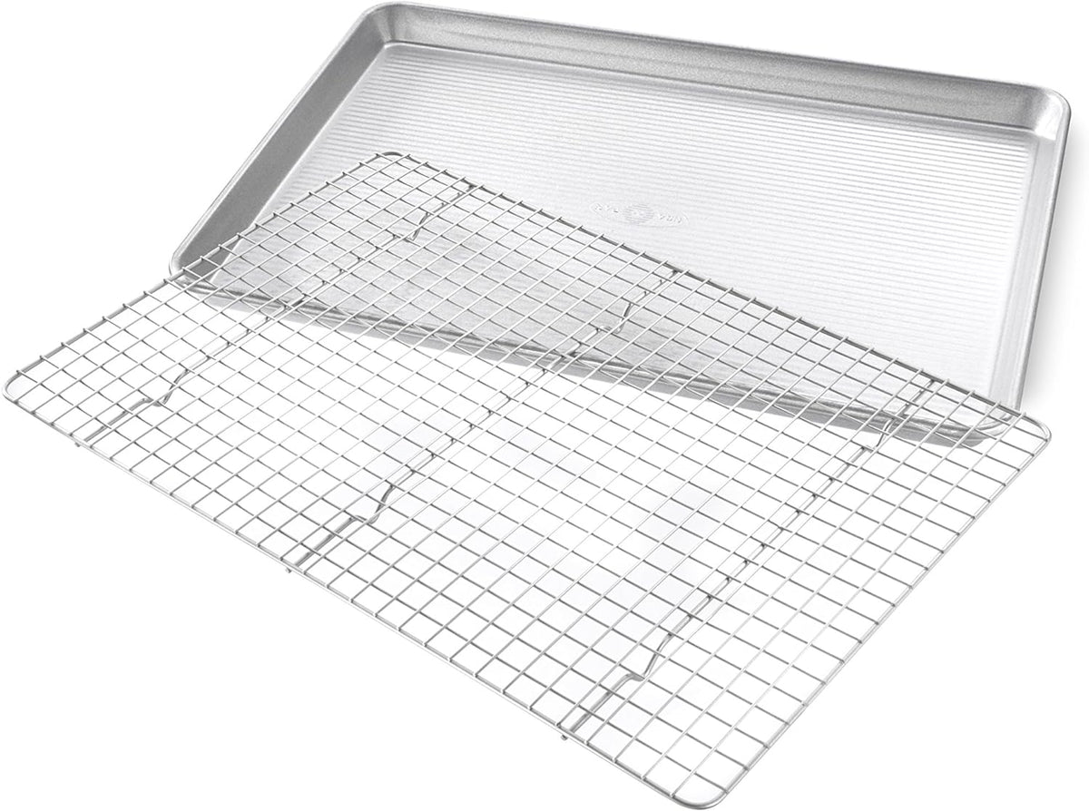 Utensilio para horno lámina cuadrante USA Pan, lámina para hornear y juego de rejilla para enfriamiento antiadherente, metálico , juego rejilla/media bandeja, Metal