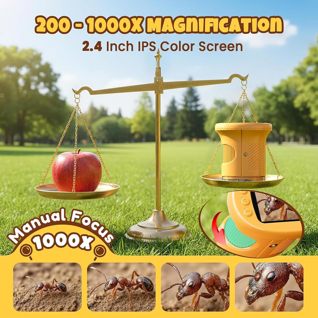 Microscopio digital 1000x para niños, kits de ciencia juguete STEM para niños y niñas 3-12