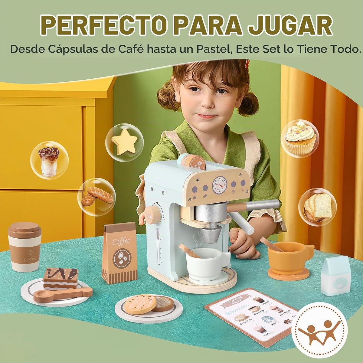 Juguete para cafeteras de madera para niños, electrodomésticos de cocina y accesorios de juguete para niños pequeños, regalo para niñas y niños