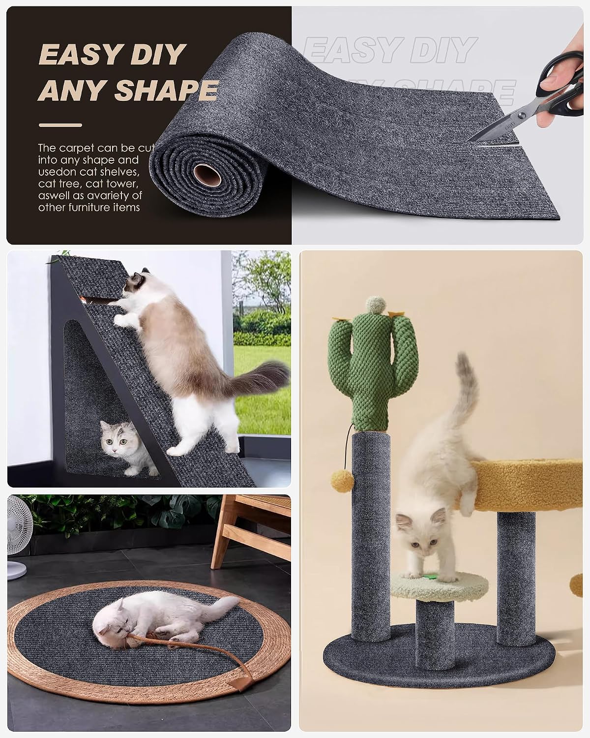 Protector de muebles para arañazos de gatos, alfombra autoadhesiva recortable, tapete rascador de gato para cubrir la torre de gato y protector de sofá de garras de gato (78.7 x 15.8 pulgadas, gris