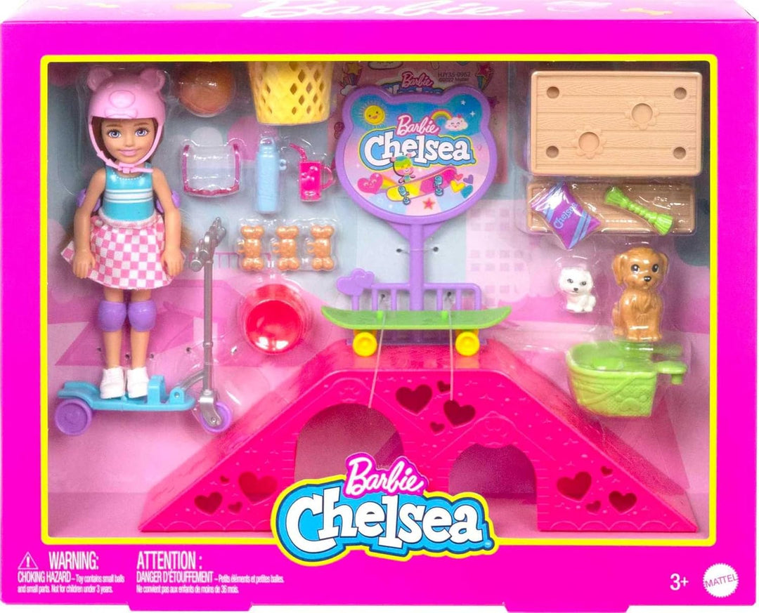Barbie - Set de juego de muñeca Chelsea y parque de patinaje con 2...