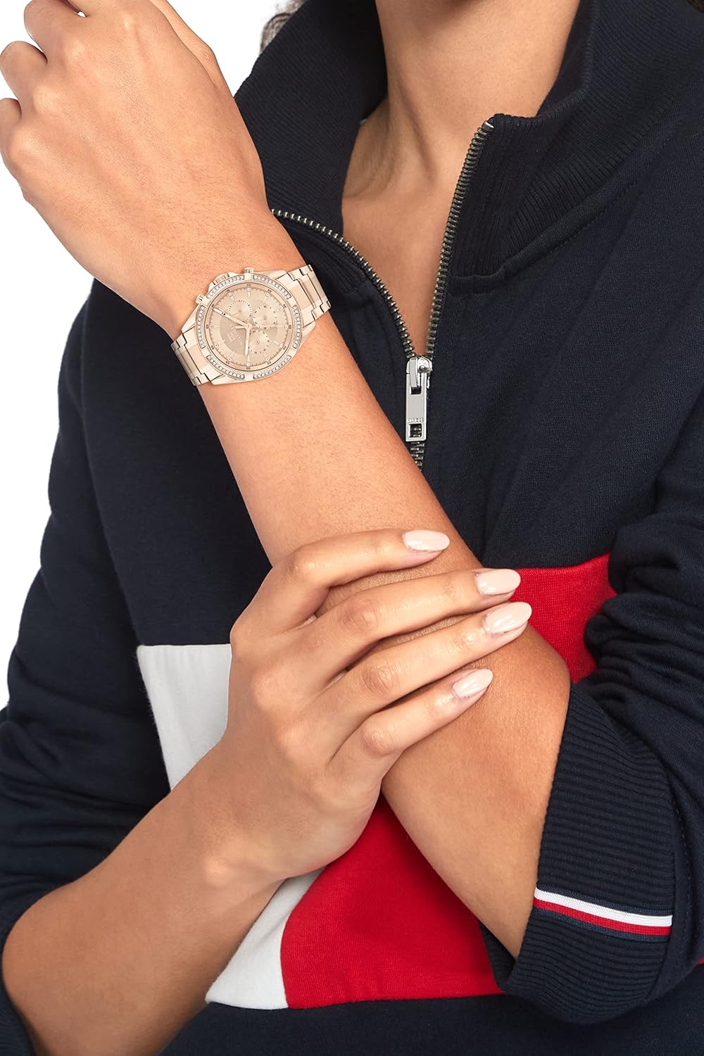 Tommy Hilfiger Reloj deportivo de acero inoxidable para mujer con bisel de cristal, esfera texturizada y pulsera de eslabones - Regalo elegante para ella