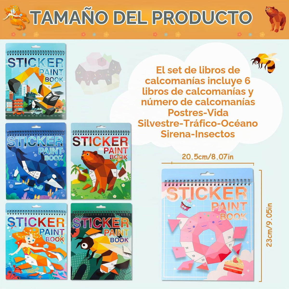 6 PCS Libros de Calcomanías para Pintar por Números para Niños y Niñas de 4-8 Años Animales del Océano Vehículos Postres Sirenas Insectos Calcomanías Artículos para Fiestas Carretera Avión Libro de