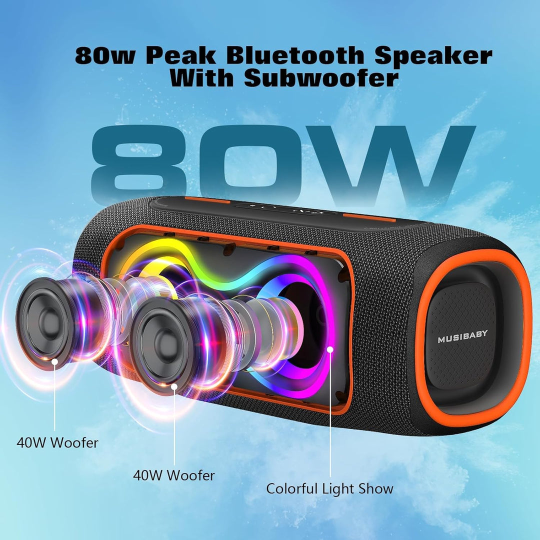 Musibaby Altavoz Bluetooth de 80 W, altavoz inalámbrico portátil co...