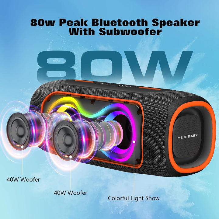Musibaby Altavoz Bluetooth de 80 W, altavoz inalámbrico portátil co...