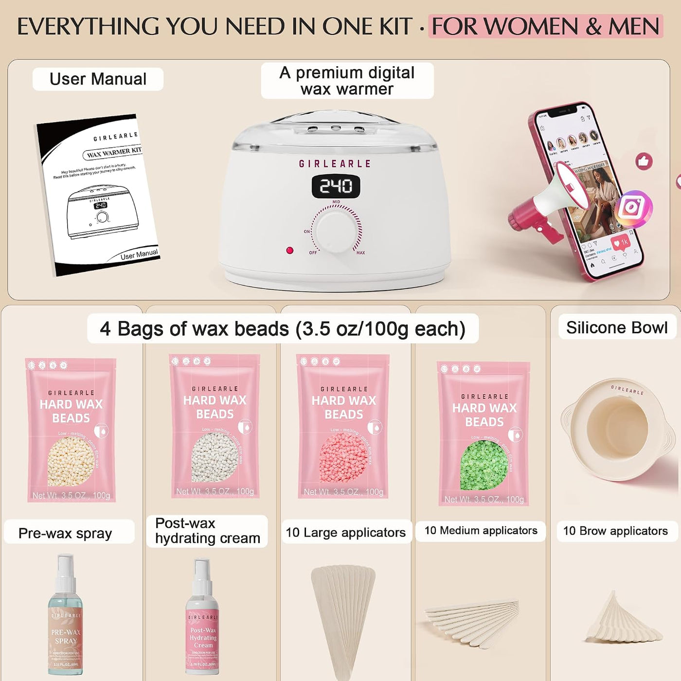 GIRLEARLE Kit de depilación digital blanca para mujeres y hombres,...