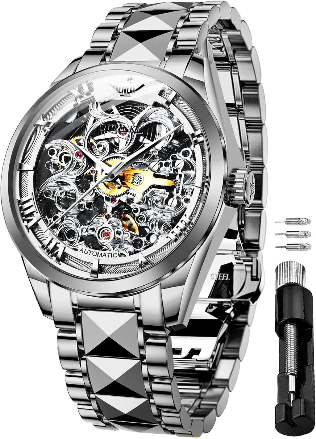 OUPINKE Relojes esqueleto dorados para hombre, Vestir de lujo, Automático Mecánico