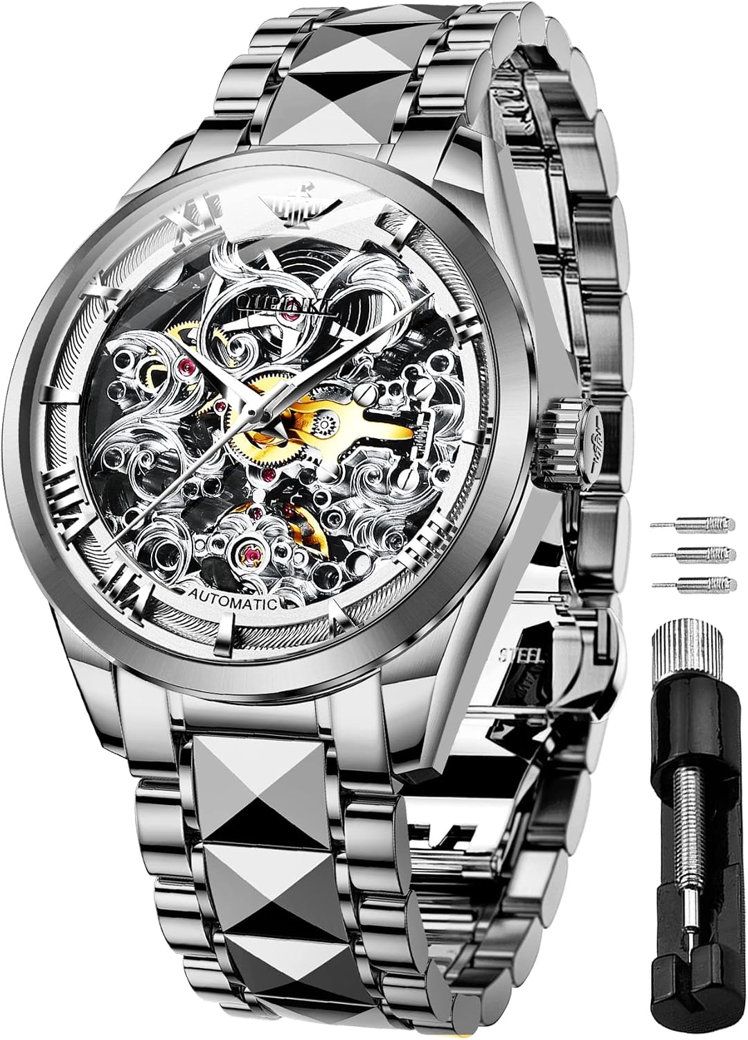 OUPINKE Relojes esqueleto dorados para hombre, Vestir de lujo, Automático Mecánico