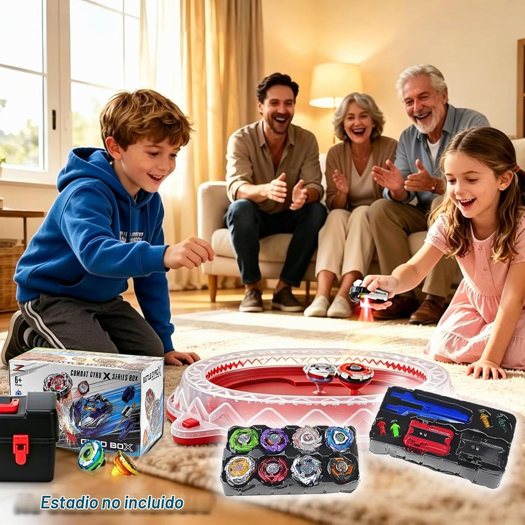 X Battling Tops Set, 12 tops giratorios derechos, 3 lanzadores y 1 agarre con estuche de almacenamiento portátil, juego Gyro Battle Arena regalo para niños y niñas a partir de 6 años