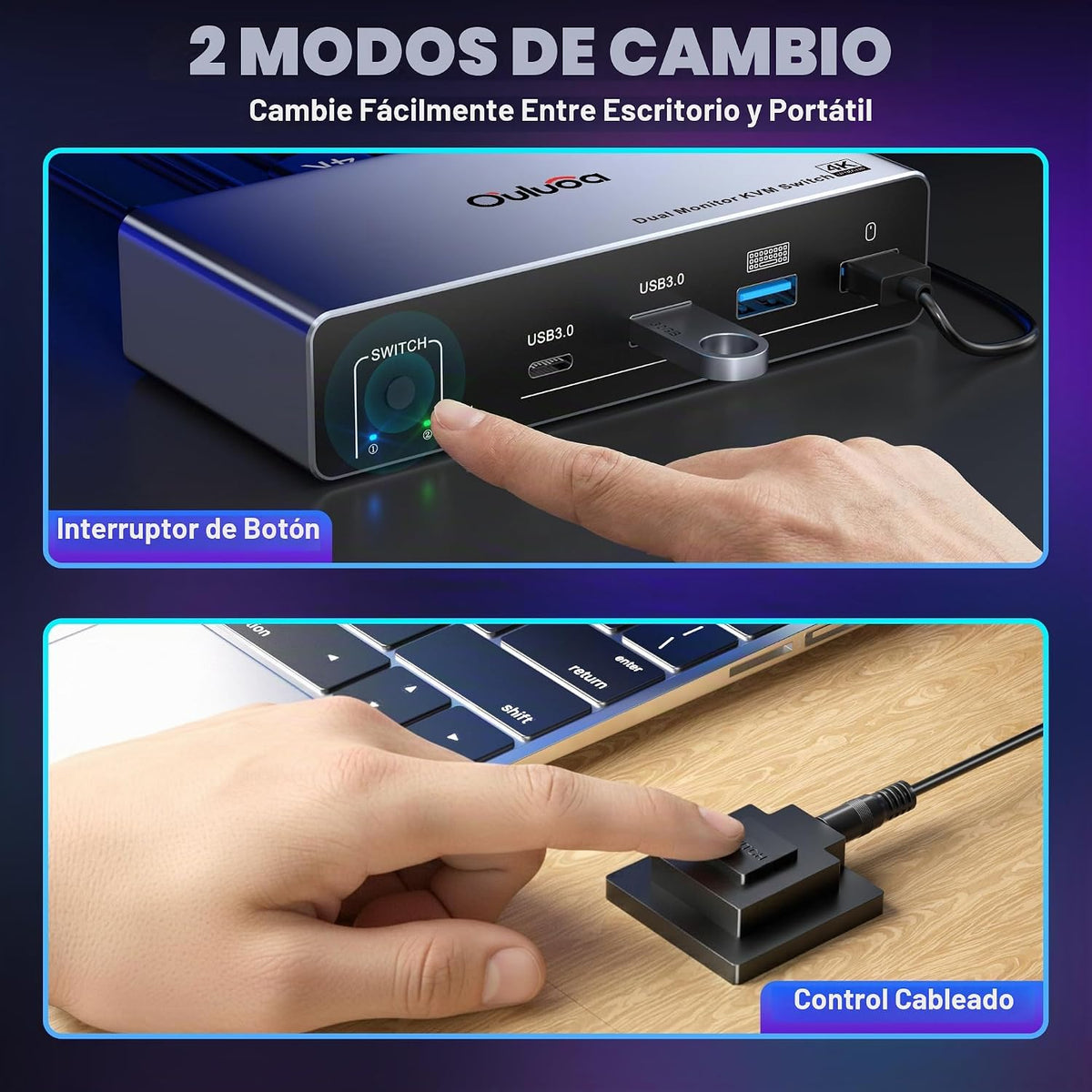 Conmutador Kvm USB C, 2 monitores, 1 escritorio y 1 portátil, estación de acoplamiento para conmutador KVM de doble monitor, 4K a 60 Hz, 2 pantallas HDMI, USB 3.0 x 3, USB C x1, PD 100 W
