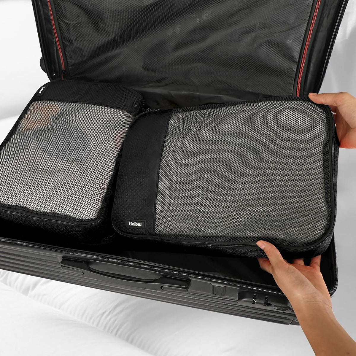 Cubos de embalaje para viajes, 4 cubos de embalaje para maletas, bolsa organizadora de equipaje de malla ligera con doble cremallera, color negro