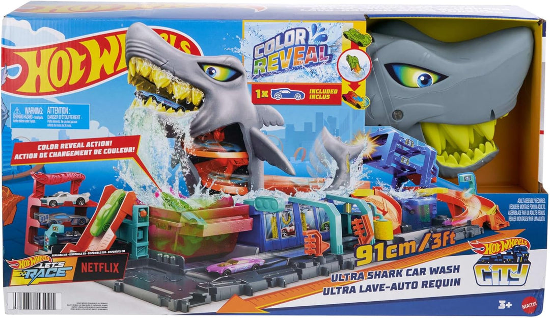 Hot Wheels Juego de pistas de ciudad, lavado de autos Ultra Shark c...