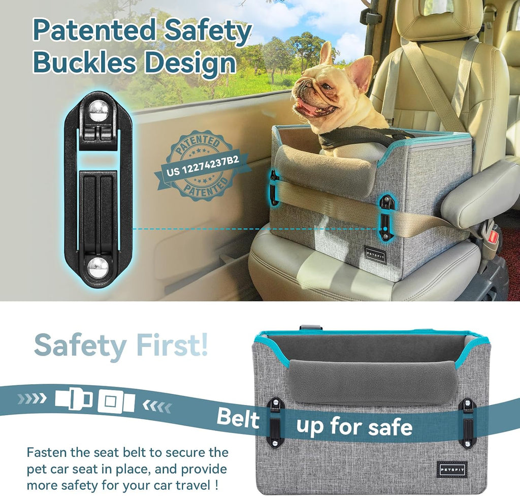 PETSFIT Asientos de coche para perros pequeños – Hebillas de seguridad patentadas – Correa de seguridad – Asiento plegable elevador para perro de viaje que reduce la ansiedad y los viajes por