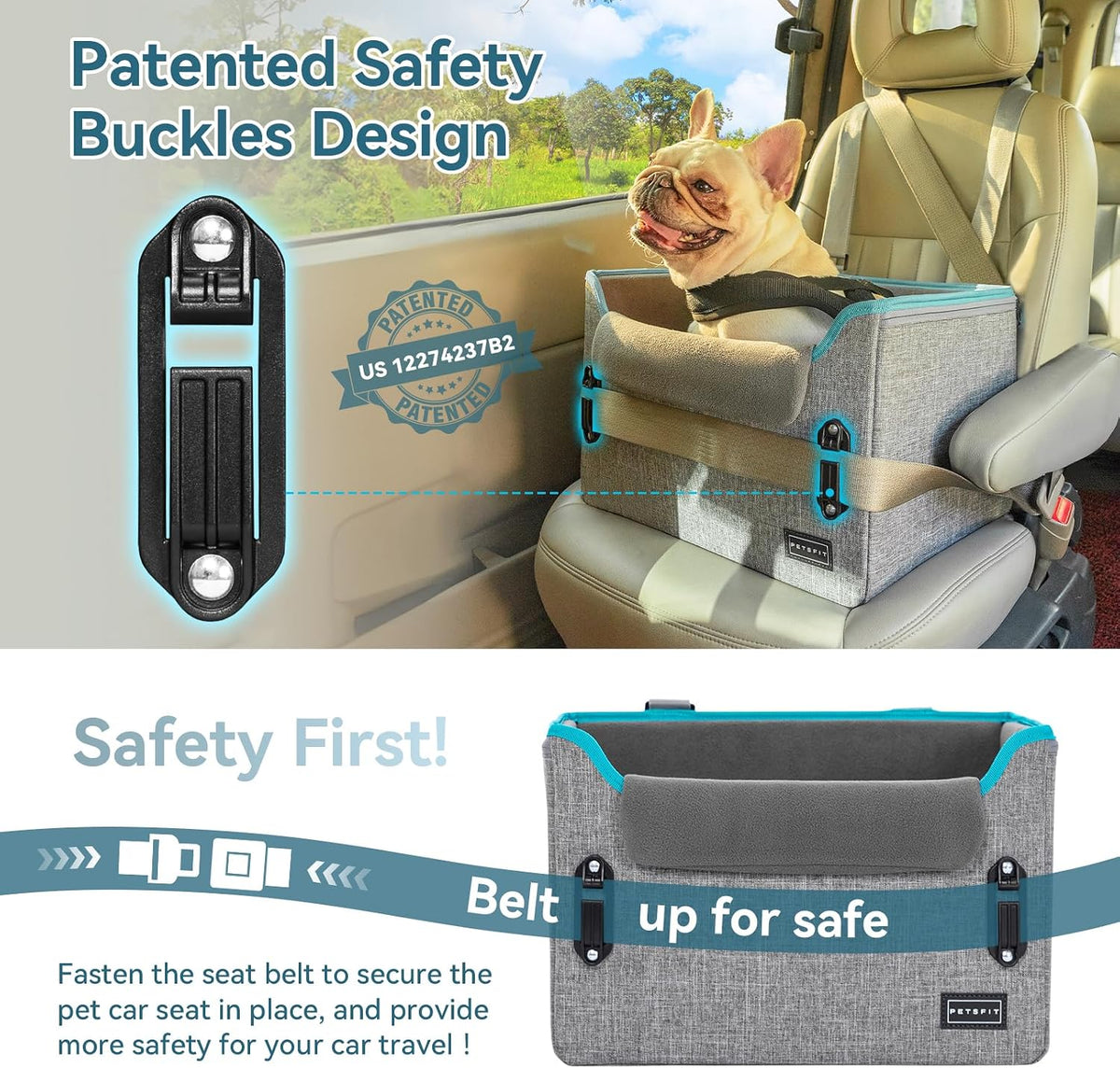 PETSFIT Asientos de coche para perros pequeños – Hebillas de seguridad patentadas – Correa de seguridad – Asiento plegable elevador para perro de viaje que reduce la ansiedad y los viajes por