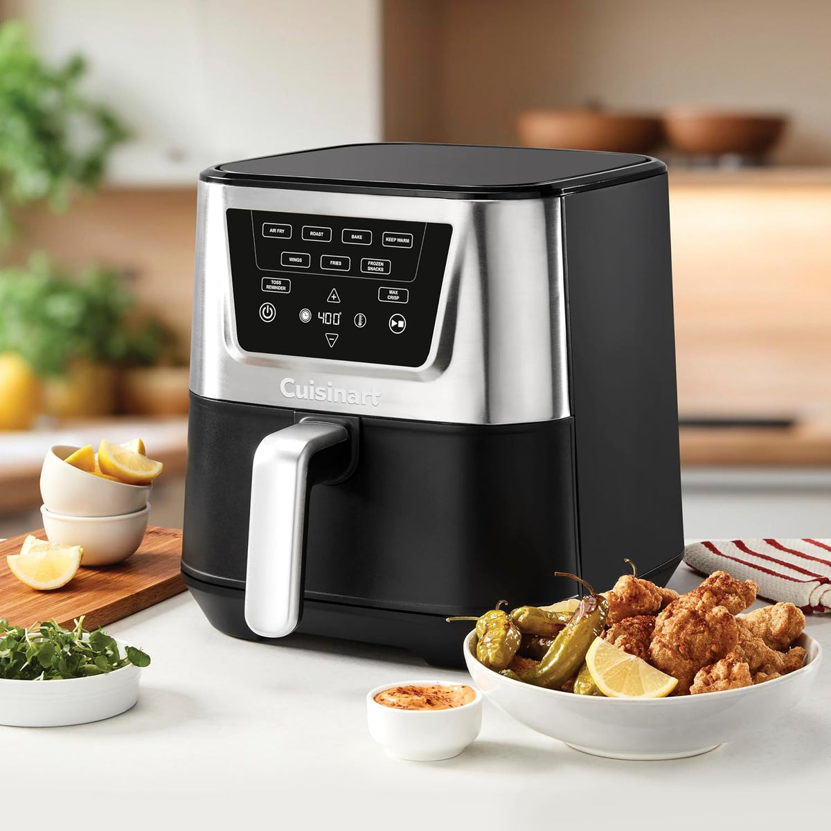 Freidora de aire Cuisinart, canasta grande de 6 cuartos de galón con 4 funciones de cocción para freír al aire, hornear, asar y mantener caliente, 3 ajustes preestablecidos, sin PFAS, piezas aptas