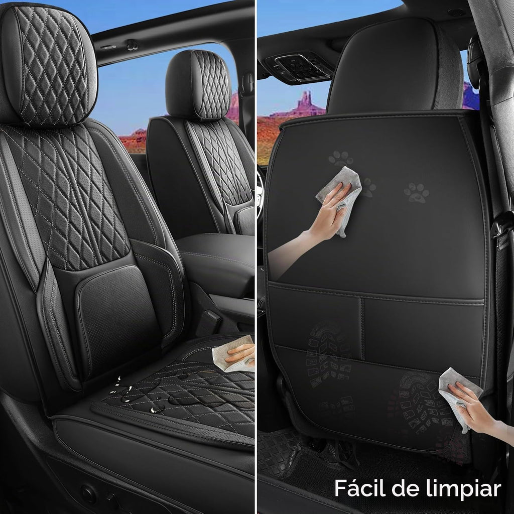 Funda de asiento de automóvil ajuste personalizado para Dodge Ram 1500 2500 3500 2002-2026, juego de fundas de asiento de piel sintética compatible con cojines de cabina regular Crew Quad de camioneta (negro, juego completo, parte trasera curvada)