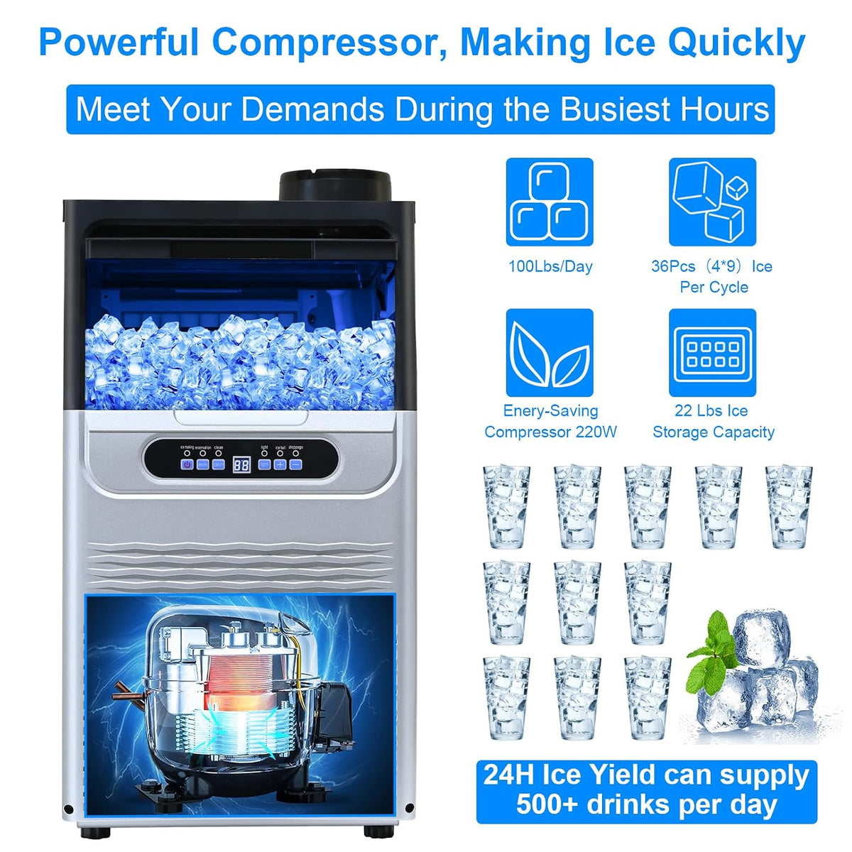 Máquina de hielo comercial, contenedor de almacenamiento de 100 libras/24,22 libras, 36 cubos en 12 minutos