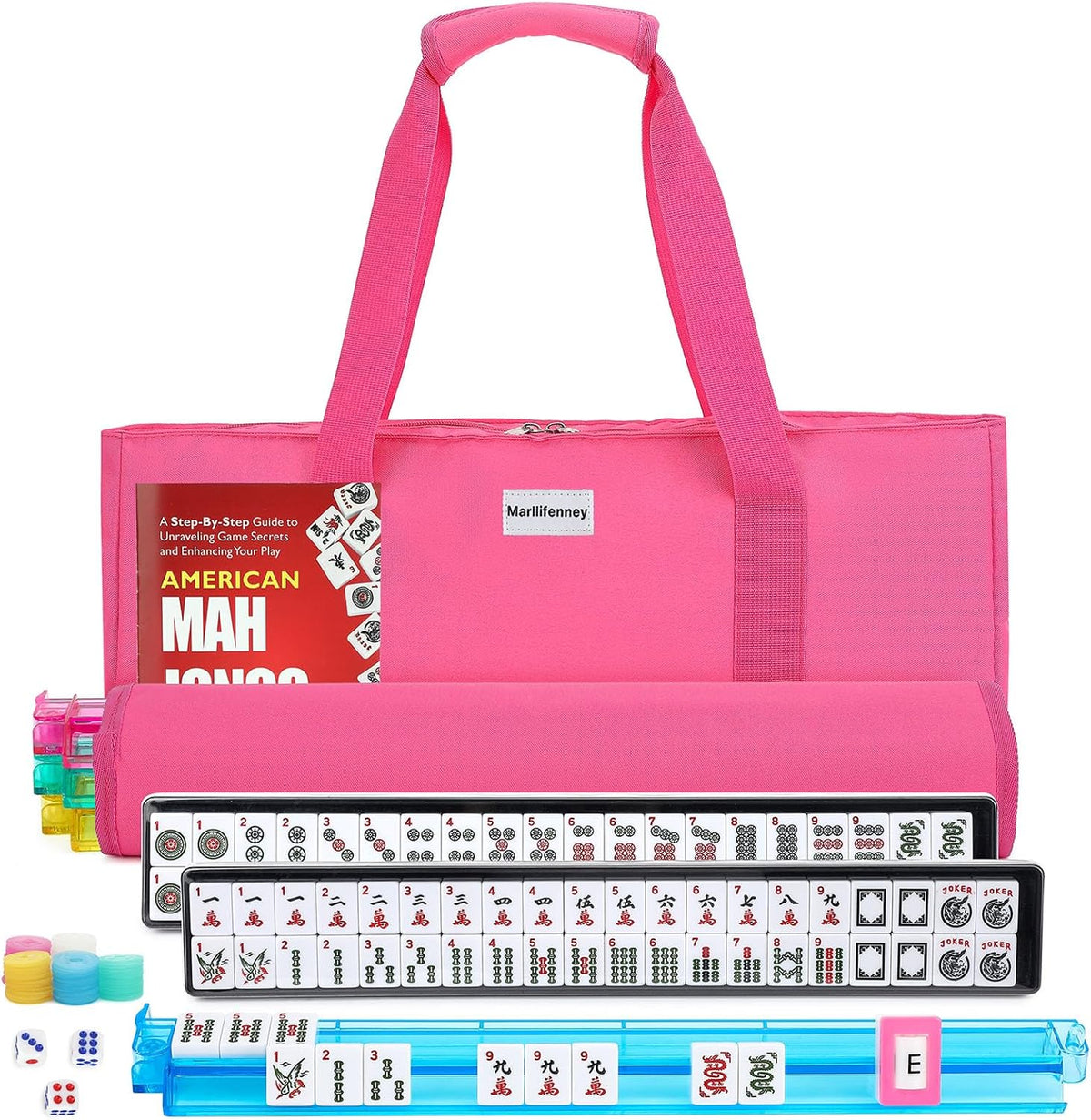American Mahjong - Juego de azulejos Mahjong de 166 azulejos blancos, 4 estantes de Mahjong de colores, juego de mahjong de viaje con bolsa de transporte rosa