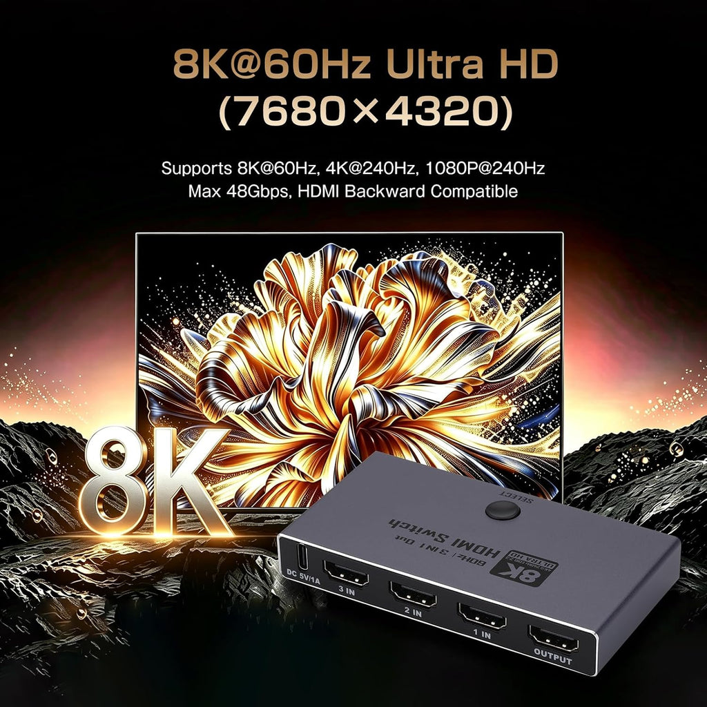8K @60Hz HDMI 2.1 interruptor 3 en 1 salida con control remoto, 4K @240Hz, CEC