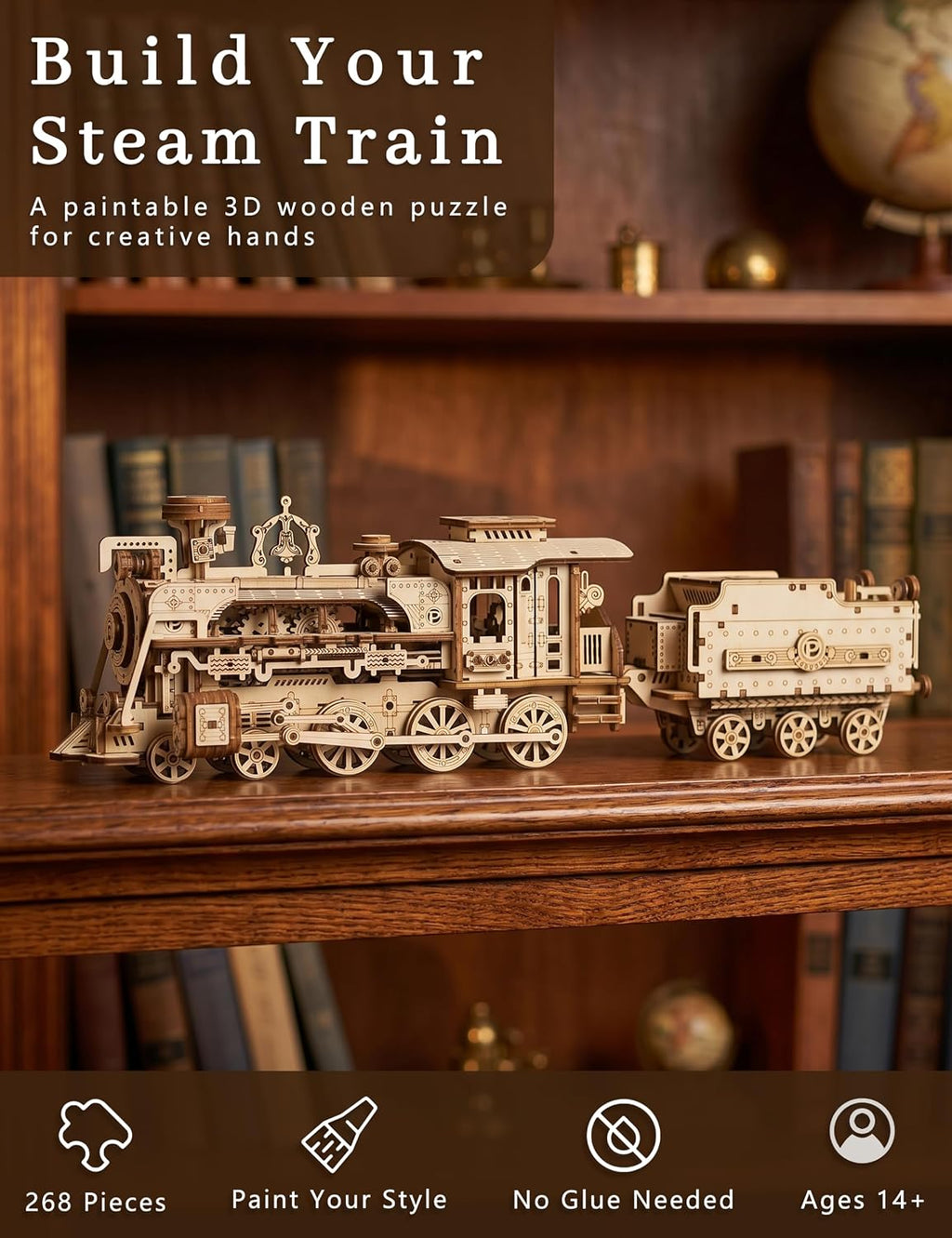 Rompecabezas de tren de vapor de madera 3D pintable para adultos