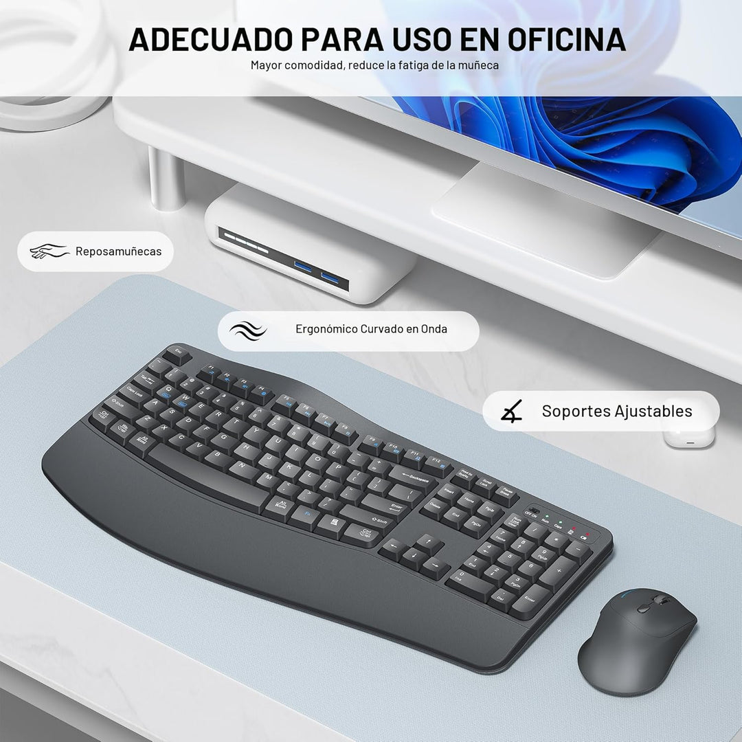 Combo de teclado y mouse inalámbricos, teclas onduladas de tamaño c...