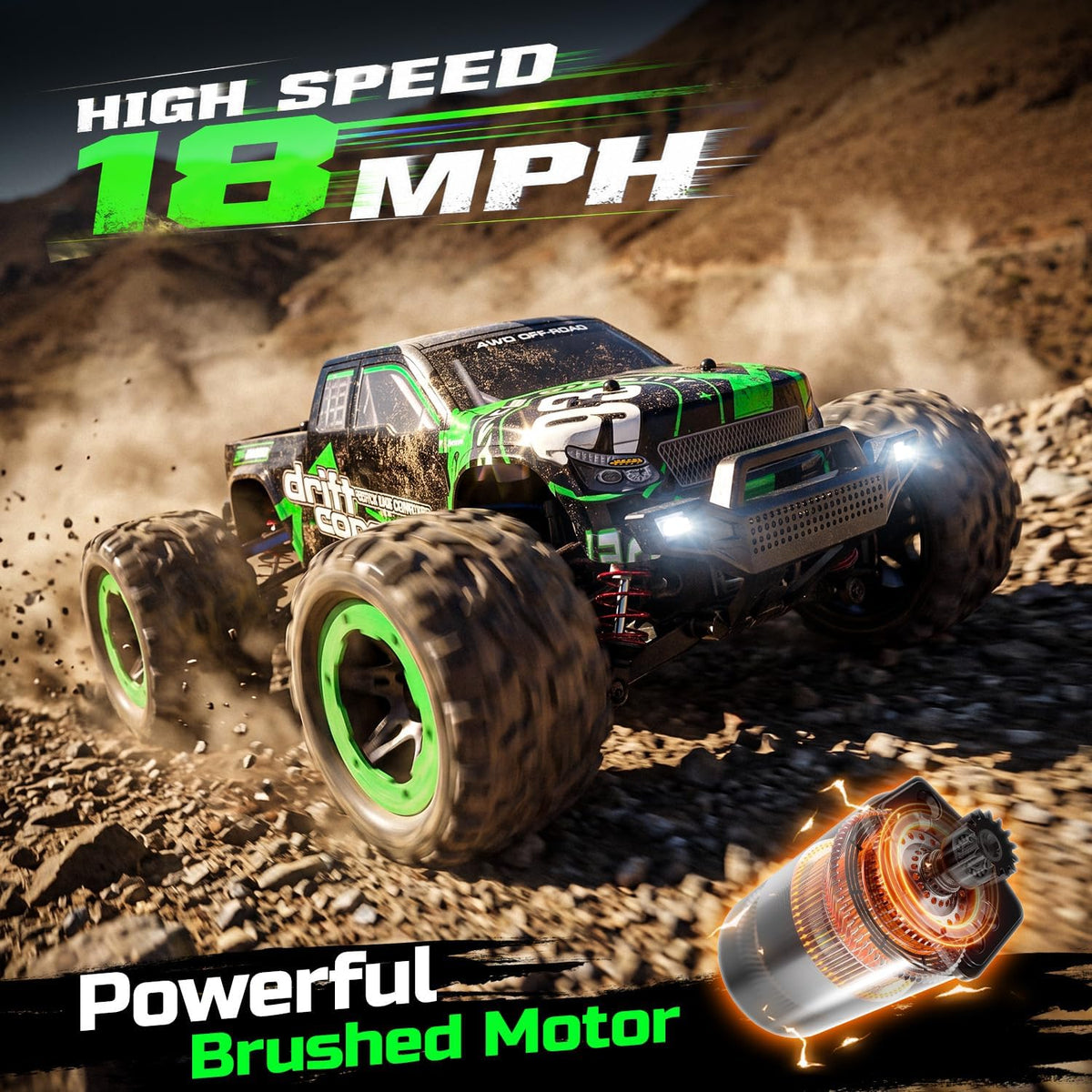 HOLYFUN Coche RC de 18 MPH, camión de control remoto todoterreno de alta velocidad 4WD escala 1:18