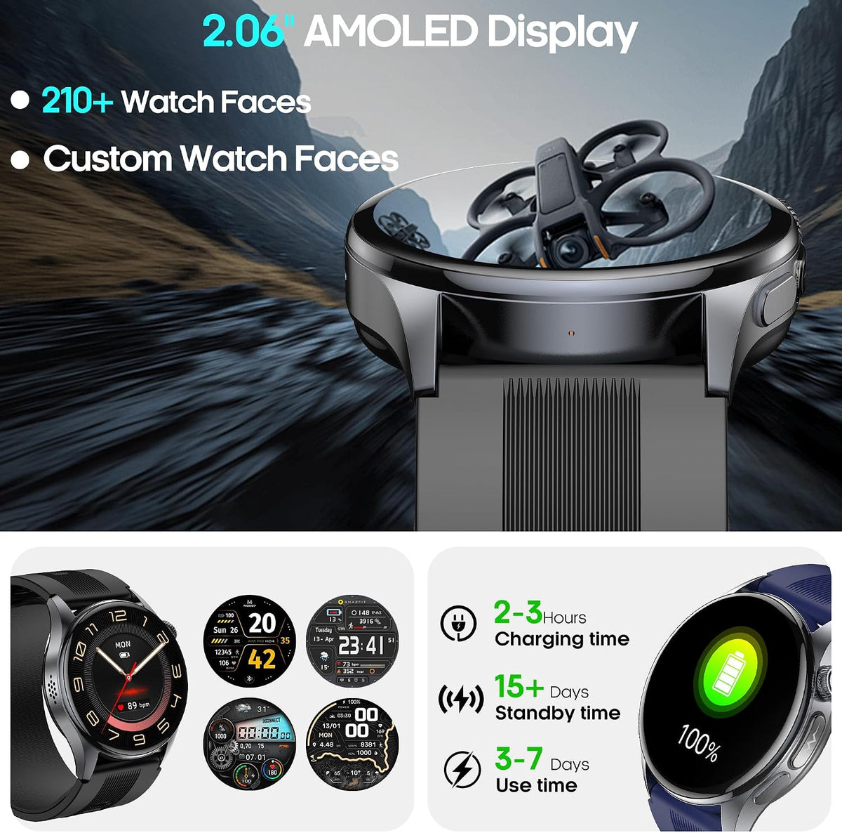 Smart Watch para Hombres y Mujeres con Correa de Airbag, Pantalla AMOLED de 1.56", Monitor de Ritmo Cardíaco y Presión Arterial, Rastreador de Oxígeno en Sangre y Sueño, Bucle de Voz, 70 Modos Deportivos Fitness Tracker