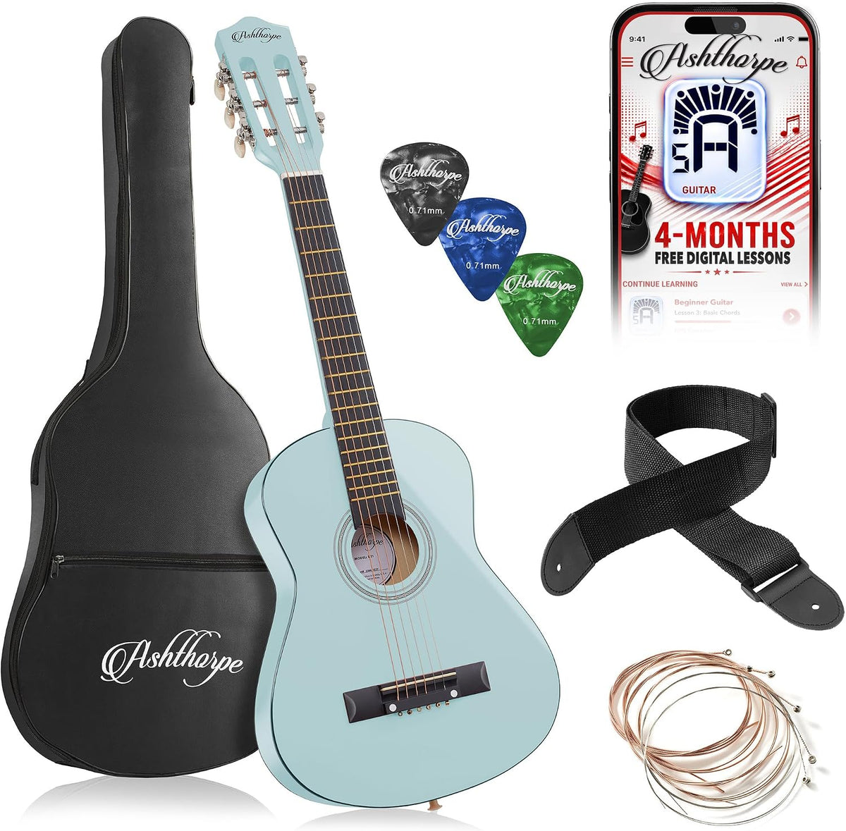 Ashthorpe Guitarra acústica infantil de 30 pulgadas (azul claro), kit de inicio para principiantes con bolsa de concierto, cuerdas adicionales, correa, púas y lecciones