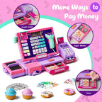 Juguete de caja registradora mejorado para niños y niñas, regalo de juego de simulación | Registro de cajero de juego de simulación con accesorios de tienda, calculadora de caja registradora con escáner/tarjeta de crédito (morado)
