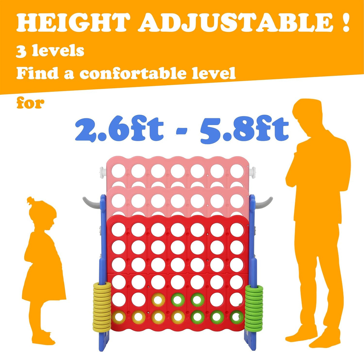 SDADI - Juego gigante ajustable en altura de 4 en fila, juego Jumbo 2-en-1 de 4 anotaciones con juego de lanzamiento de anillos, juego de patio para interiores y exteriores para niños, adultos y