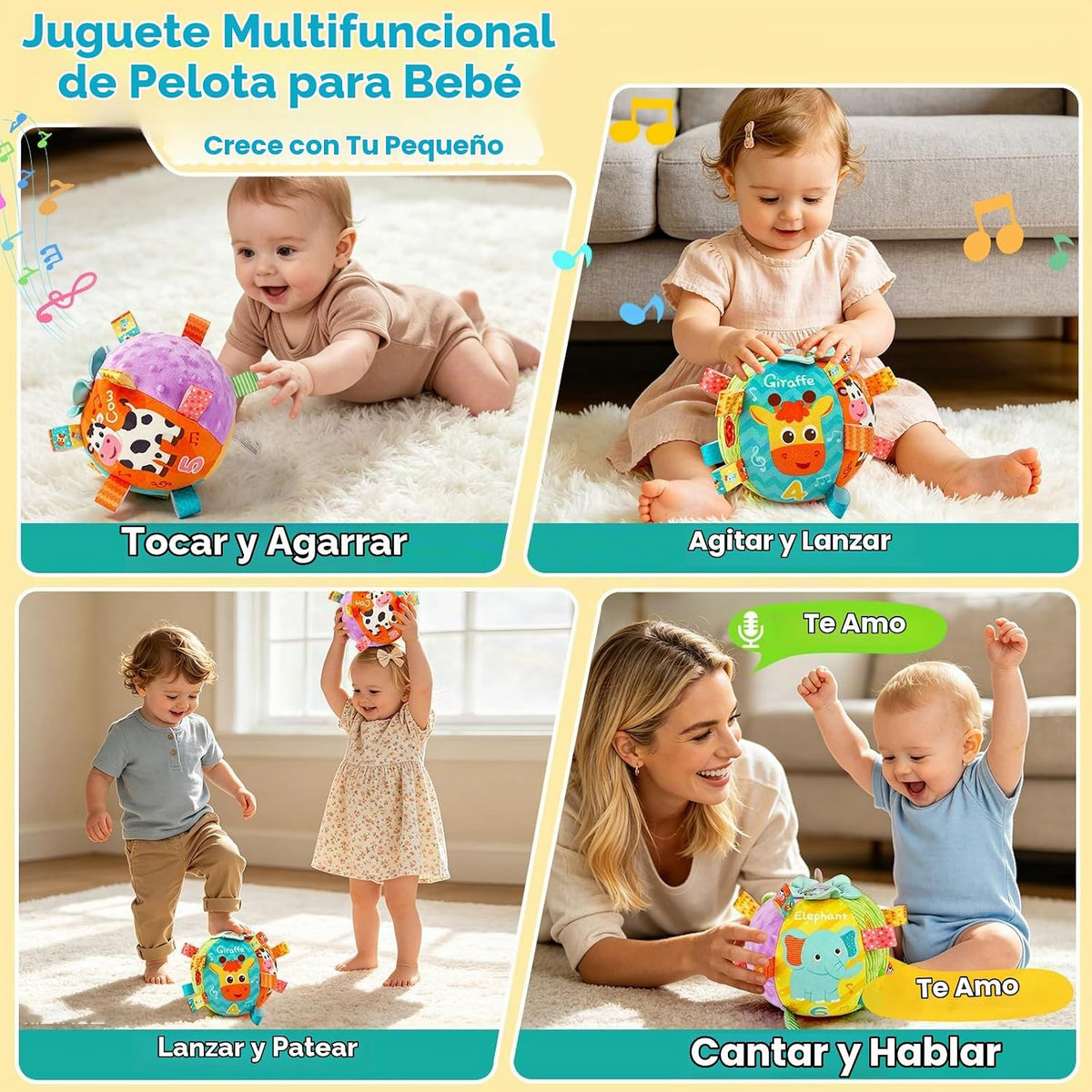 Juguete musical de bola para bebé con sonidos y canciones y grabación, juguetes sensoriales para bebés de 0-3-6-9-12 meses, juguetes de pelota para gatear para bebés de 3, 4, 5, 6, 7, 8, 9