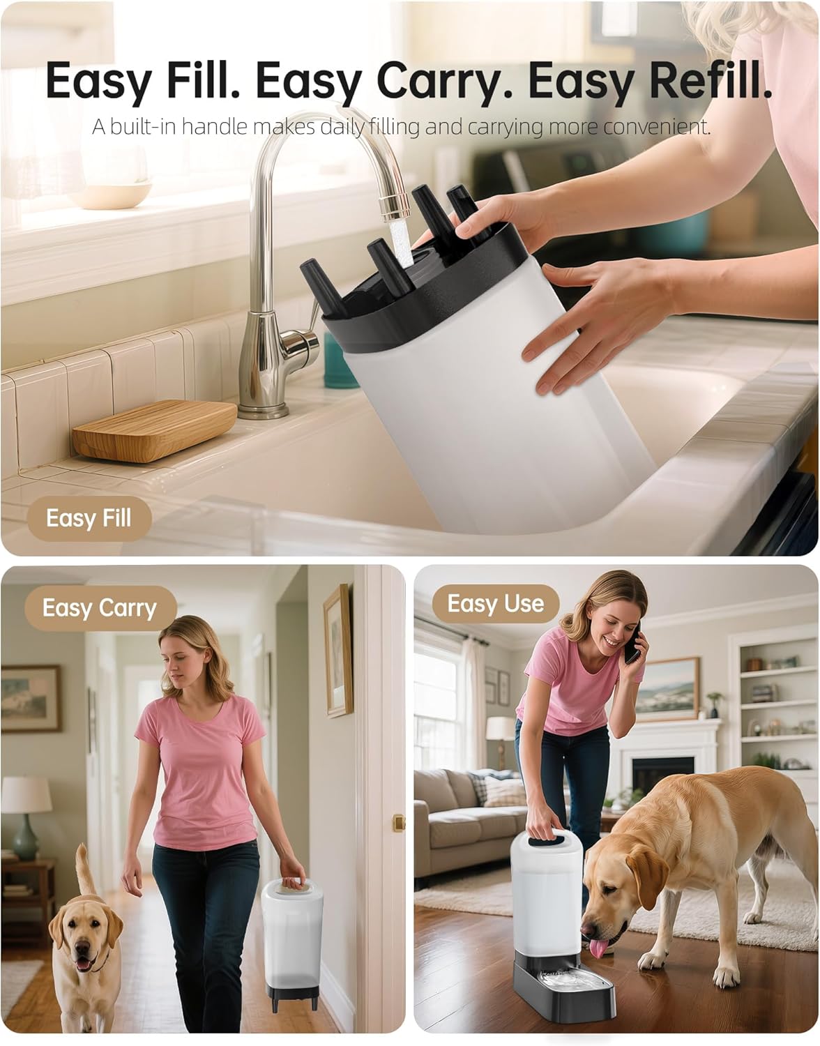 Dispensador automático de agua para perros, dispensador de agua para mascotas por gravedad de 2.4 galones con cuenco de acero inoxidable 304, comederos automáticos para perros, mango fácil de